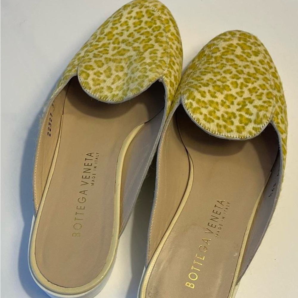 Bottega Veneta green/ yellow pony hair mules 
cheetah slide sandals